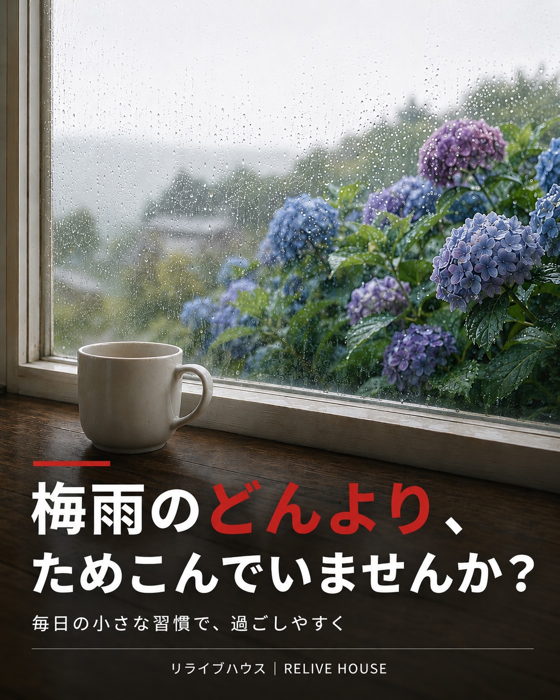 雨の窓辺と紫陽花。梅雨を心地よく過ごす習慣